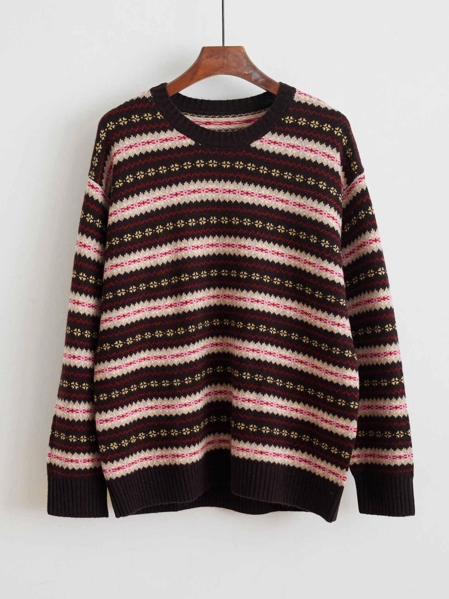 ARRERISI Retro Fair Isle Knitted Wool Sweater Women Loose Slimming Aosphere Sense Overhead irt Comfortable Midweight Long...