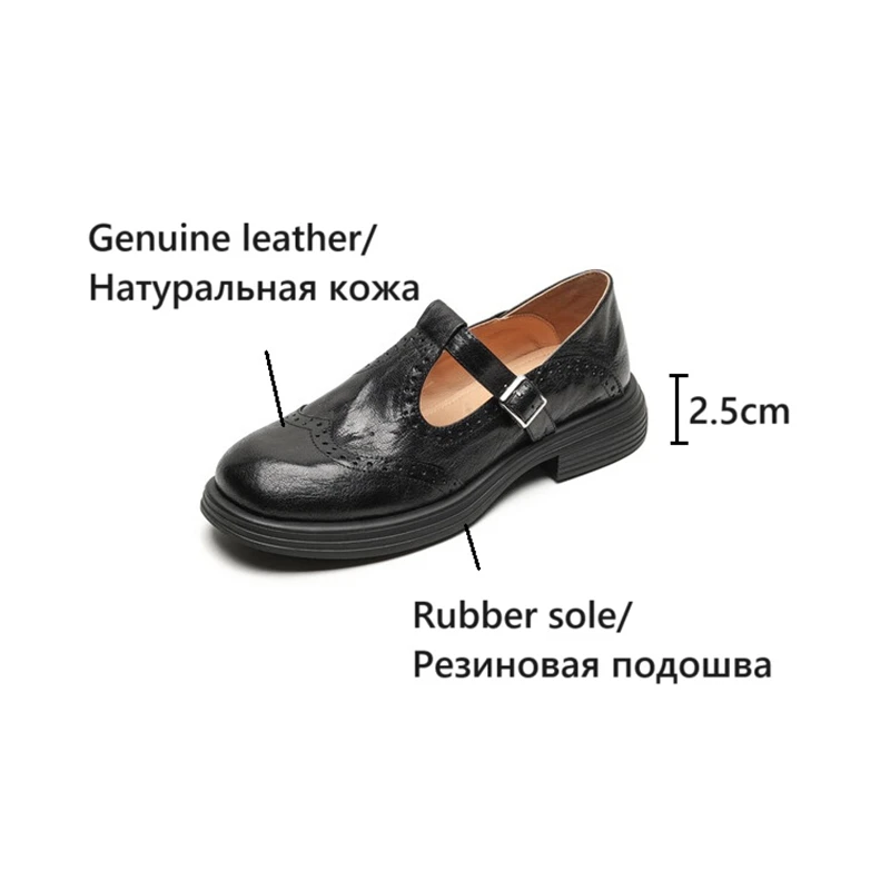 NEW Autumn/Spring Women Pumps Round Toe Chunky Heel Shoes Genuine Leather Shoes for Women Hollow Mary Janes Black Handmade Shoes