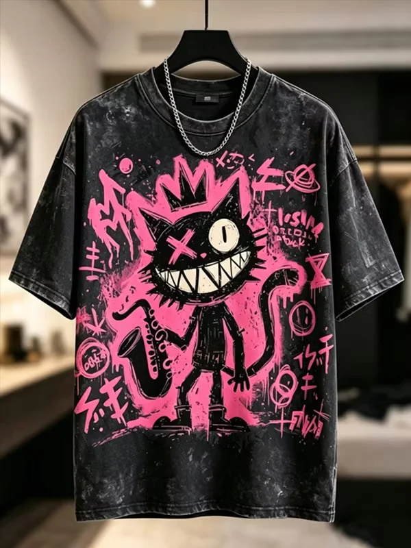Retro Men's Rock Punk Graffiti Cat T-shirt Novelty Cool Daily 3D t shirts Fashion Outdoor Party Short Sleeve Top Summer Clothing