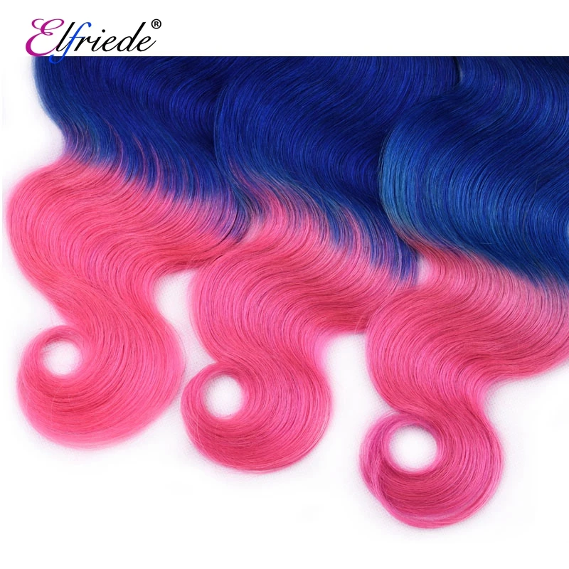 Elfriede Body Wave Precolored #T1B/Blue/Pink Hair Bundles with Frontal Human Hair 3 Bundles with Transparent Lace Frontal 13x4