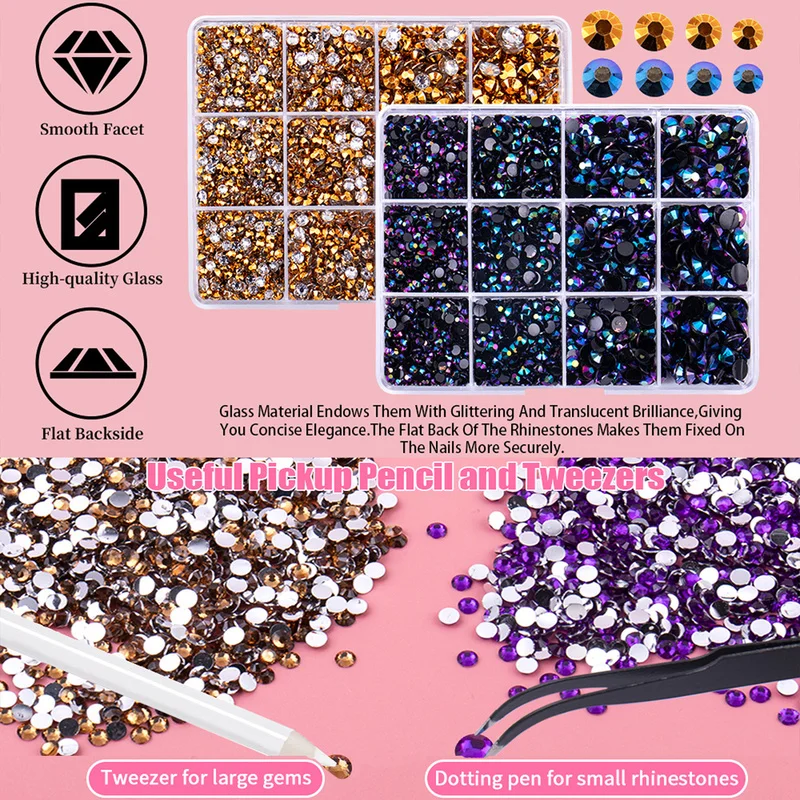 12 Girds Resin Flatback Rhinestones Multicolored 3/4/5/6mm Non Hotfix Gems with Pick Pen & Tweezers, Bedazzling Kit for Nail Art - view 3