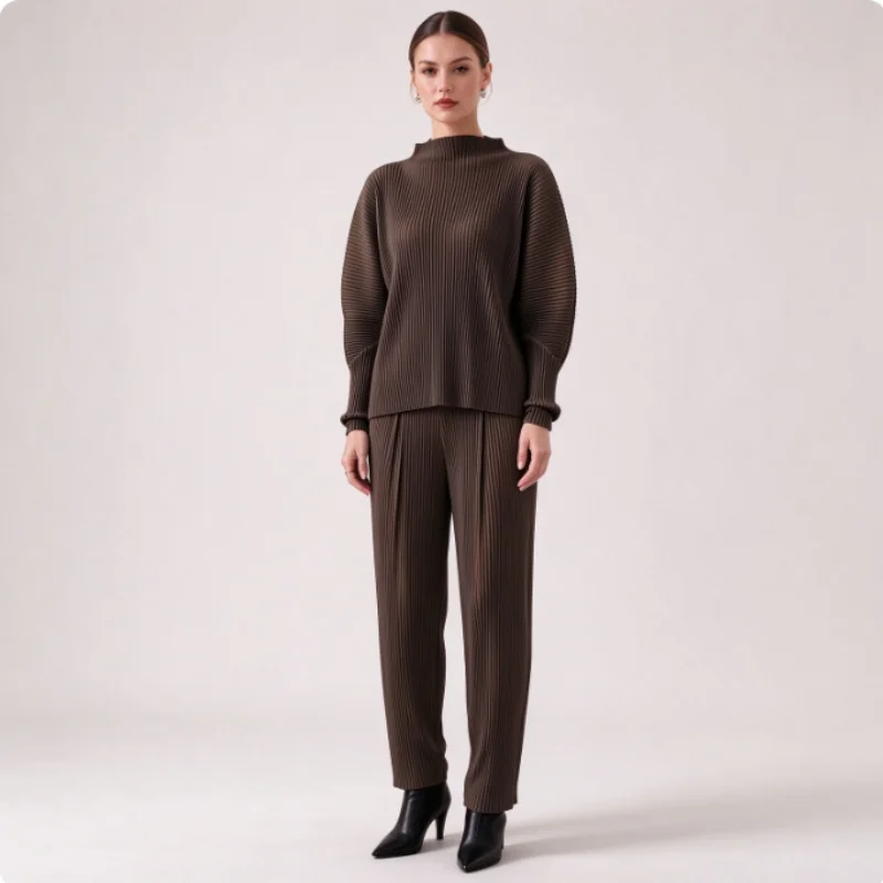Miyake Women Dark Brown Vertical Pleated Stand Collar Top, Long Sleeve Batwing Blouse, Loose Casual Textured Shirt