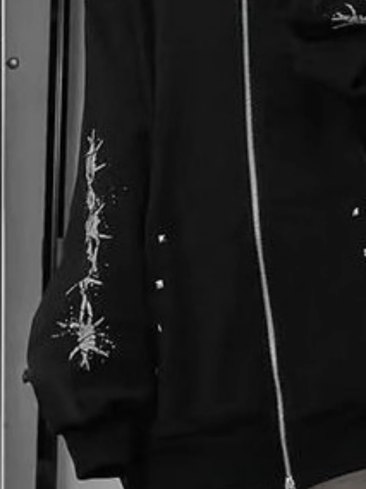 الخريف القوطية الأمريكية الرجعية قلنسوة بسحاب سترة المرأة التطريز إلكتروني تصميم البلوز Harajuku 2000s الملابس الدافئة #5