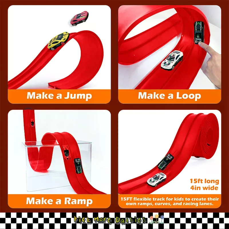 Pista de carrera flexible de 13 pies y 16 pies para niños, rampa de coche de carreras con ventosas y 4 coches de carreras pequeños