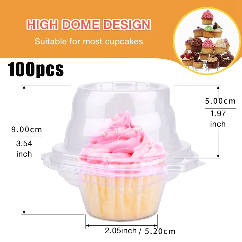 100 Pack Individual Cupcake Container Single Compartment Cupcake Carrier Holder Box Stackable Cake Cases Clear Plastic