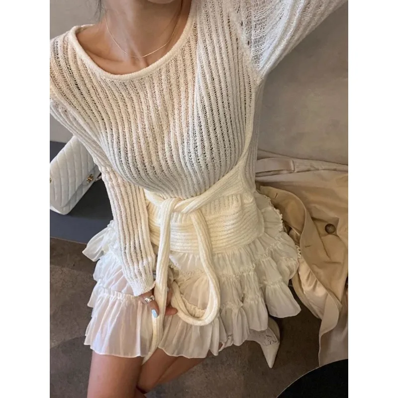 

Korean Retro Threaded Hollow Long-sleeved Sweater Women 2025 Autumn New O-neck Lace-up Solid Color Casual Knitted Tops