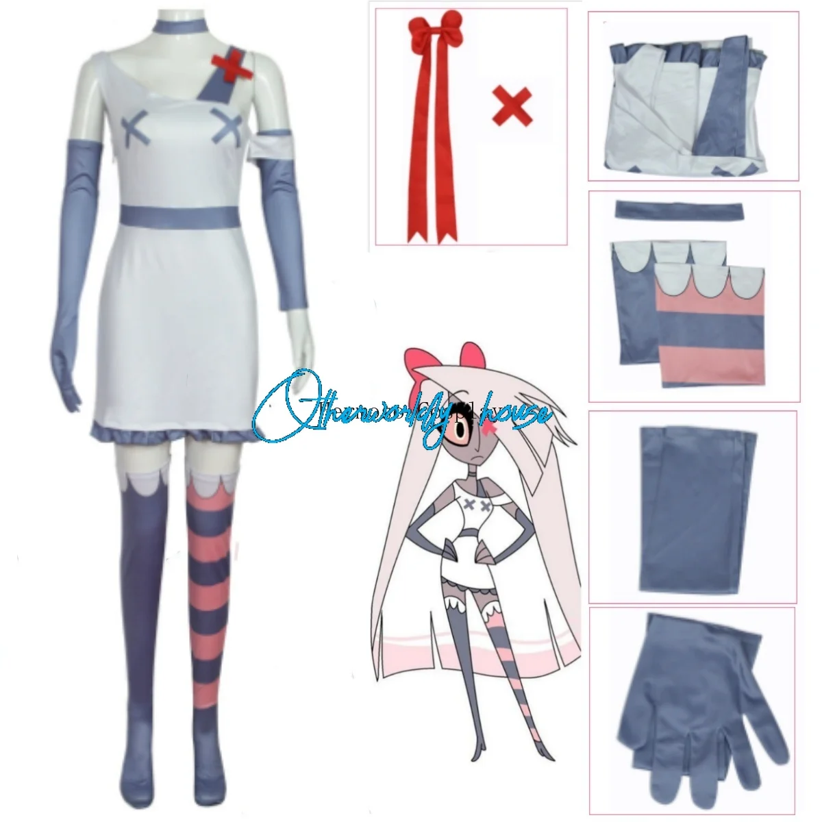 Vaggie Angel Cosplay Costume Adult Women Dress Suits Halloween Carnival Costume Anime Hotel Dress Socks Gloves Bow Headwear