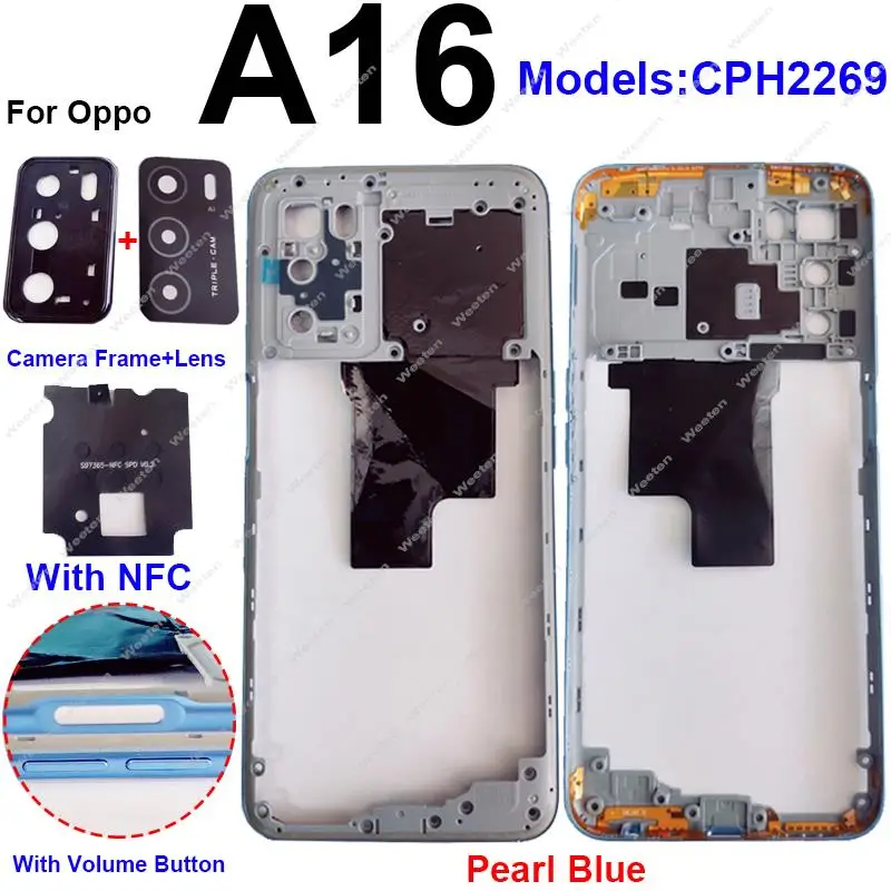 Middle Housing For OPPO A16 A16S Middle Frame Cover Bezel with/without NFC Side Button Camera Lens Frame Parts