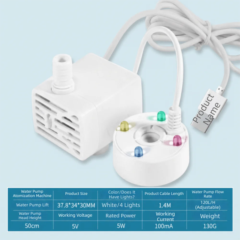 USB 5V Water Pump Atomizer Colorful LED Lights Adjustable Water Flow Pond Fogger Water Shortage Protection All-in-One Structure