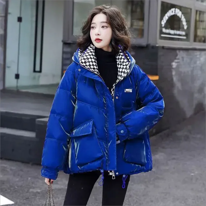 Glossy Down Cotton Jacket Thick Warm Hooded Jacket Women Long Sleeve Parka Oversized Korean Coat Green Blue