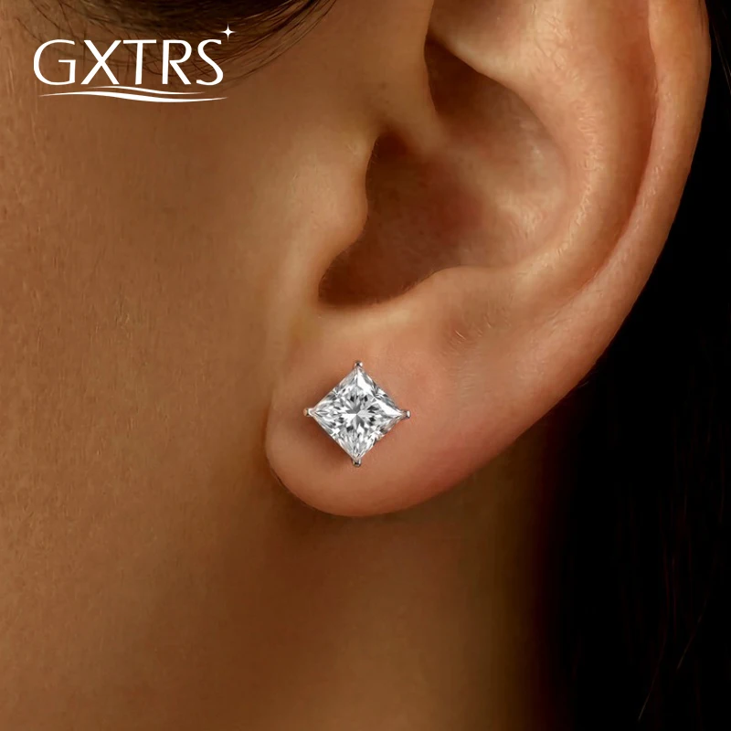 GXTRS 2CT Princess Cut Moissanite Stud Earrings For Women Men S925 Silver Sparkling Lab Diamond Wedding Ear Studs Fine Jewelry