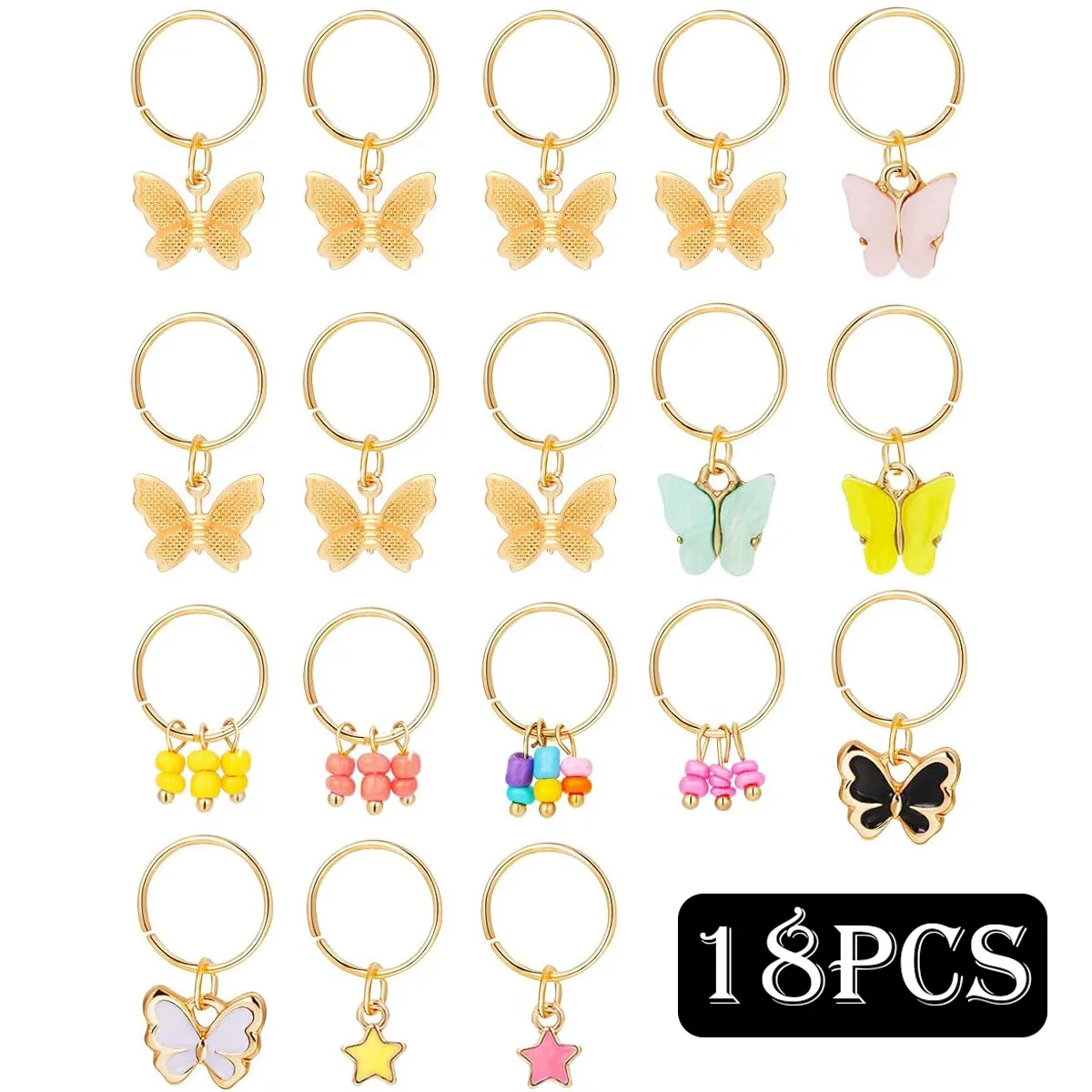 18pcs Mixed Butterfly Star Hair Braid Beads Dreadlock Beads Ring Braiding Hair Bohemian Braid Hair Styling Tool Accessories