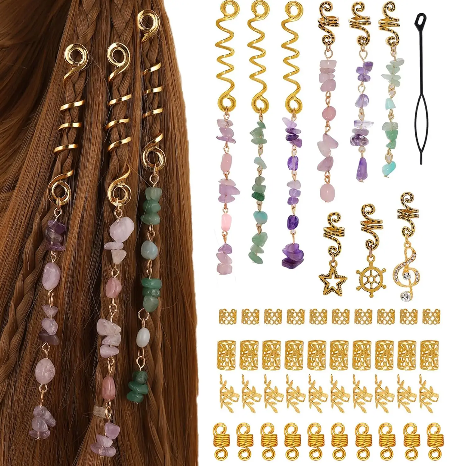 50pcs/Lot Aksesoris Dreadlock Manik-manik Batu Klip Berwarna Emas Logam Cincin Hiasan Gaya Rambut