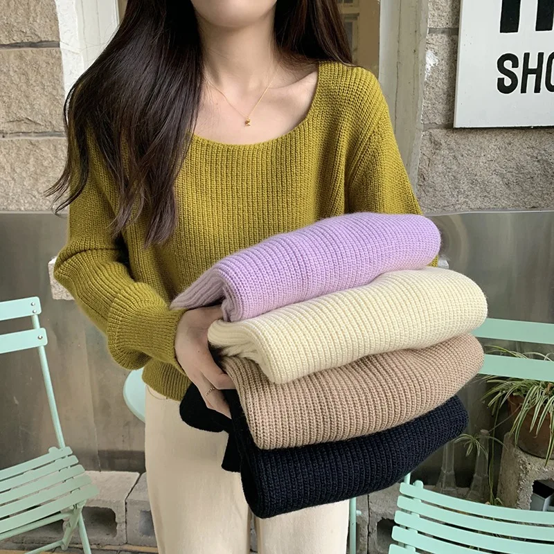 Womens Long Sleeve Knit Tops Crew Neck Sweater Pullover Korean Style Solid Casual Knitted Pullovers Jumper Tops