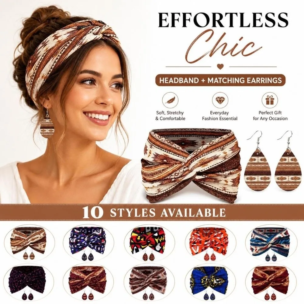 3pcs Ankara Print Twist Headband Earrings Set Boho Wide Women's Hairband Set Cross Printed Turban Women's Earrings Set