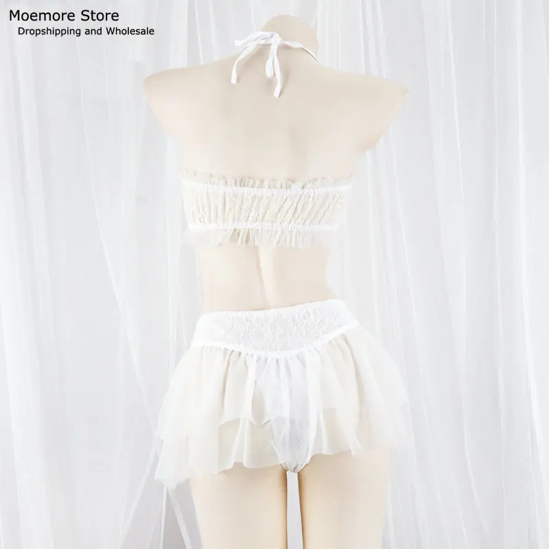 Kawaii Sexy Lingerie Set Ribbon Lace up Hollow Out Bandage Chiffon Semi Transparent Night Wear Clothes Cosplay Costumes Uniform