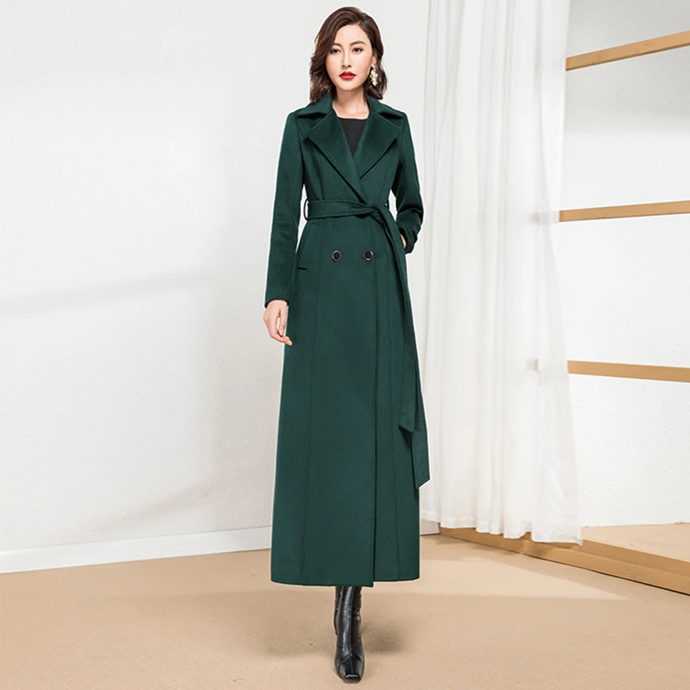 

New Women Long Woolen Coat Autumn Winter Elegant Suit Collar Slim Wool Blends Coat Fashion Simplicity Dark Green Woolen Overcoat