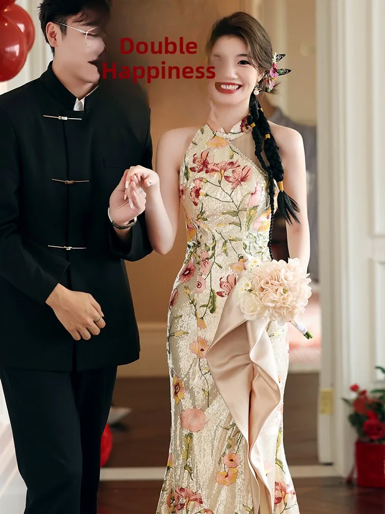 

Новое китайское винтажное длинное вечернее платье-ципао для женщин, свадебное платье с хвостом русалки, утренний халат для невесты