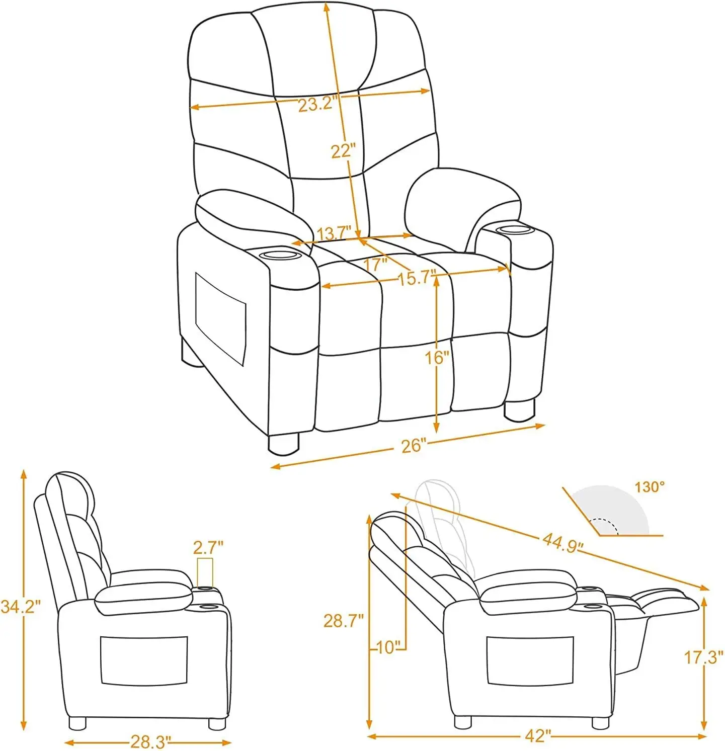 Big Kids Recliner Chair with Cup Holders for Boys and Girls Room, 2 Side Pockets, 3+ Age Group, Velvet Fabric 7355 (Purpl