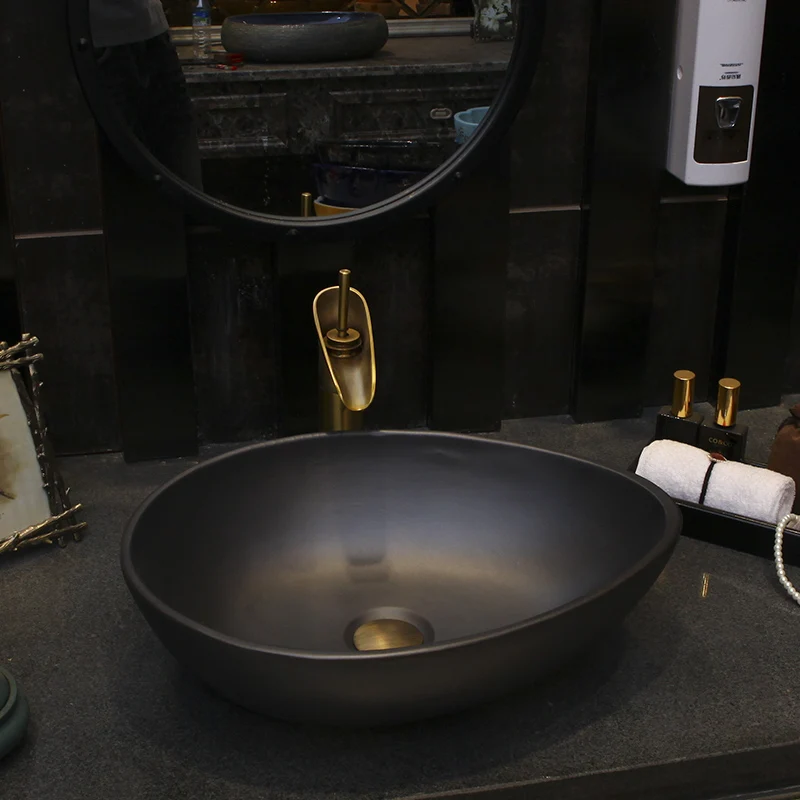 

Antique retro countertop basin household bathroom wash basin outdoor art washbasin oval new Chinese style