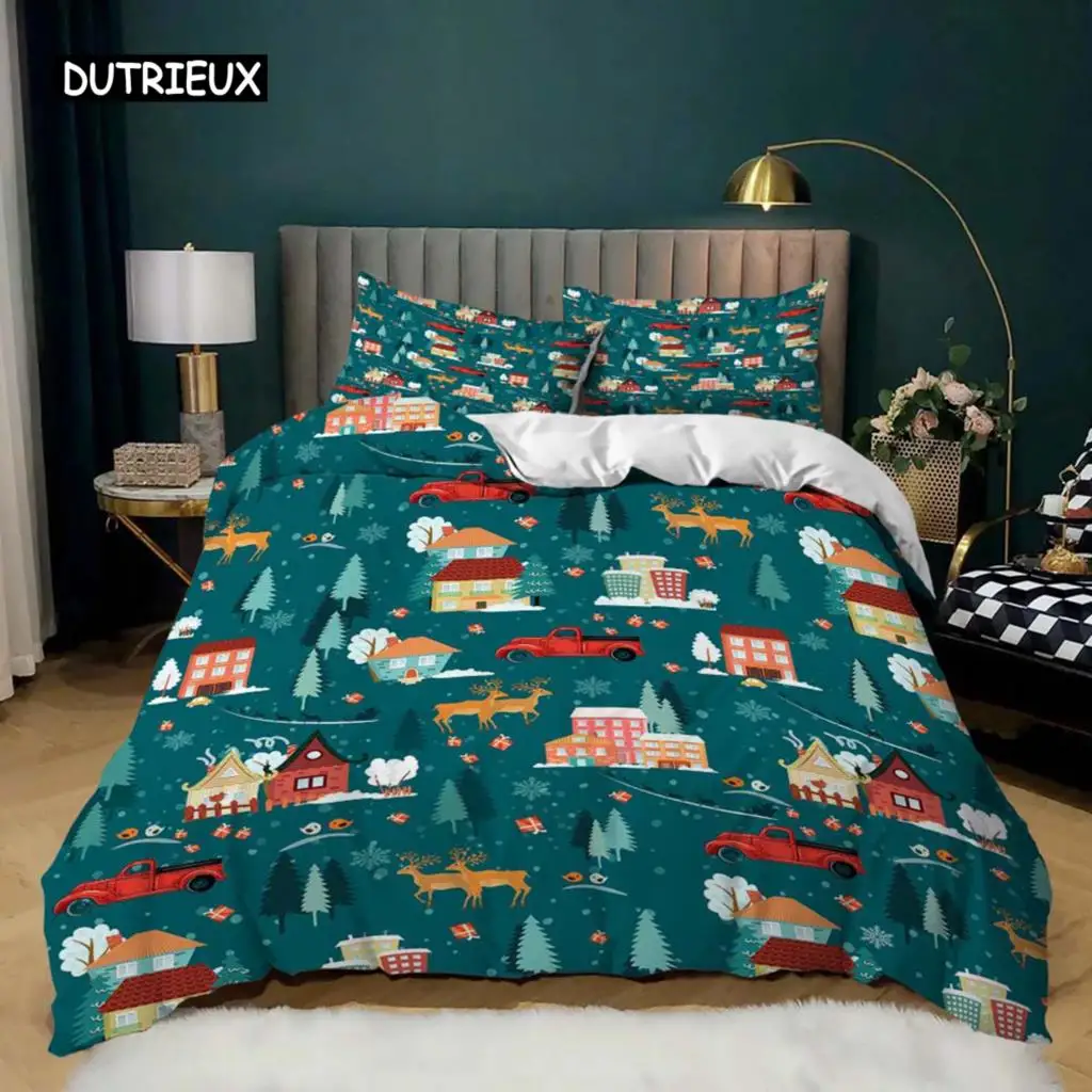 

Christmas Duvet Cover Set King Size Winter Snowflake Elk Car Pattern Microfiber Soft Comforter Cover Christmas Theme Quilt Cover