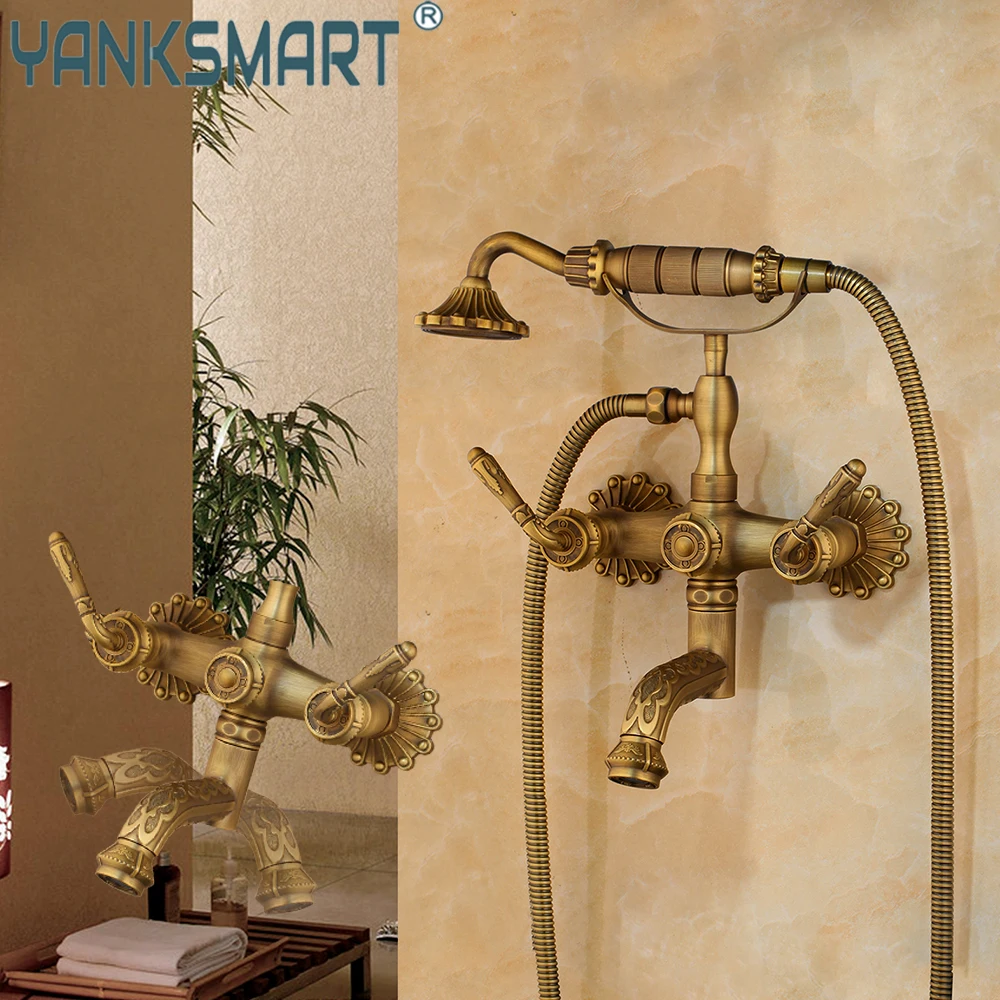 

YNAKSMART Antique Brass Bathroom Fauces Wall Mounted Bathtub Basin Mixer Tap Crane With Hand Shower Head Faucet