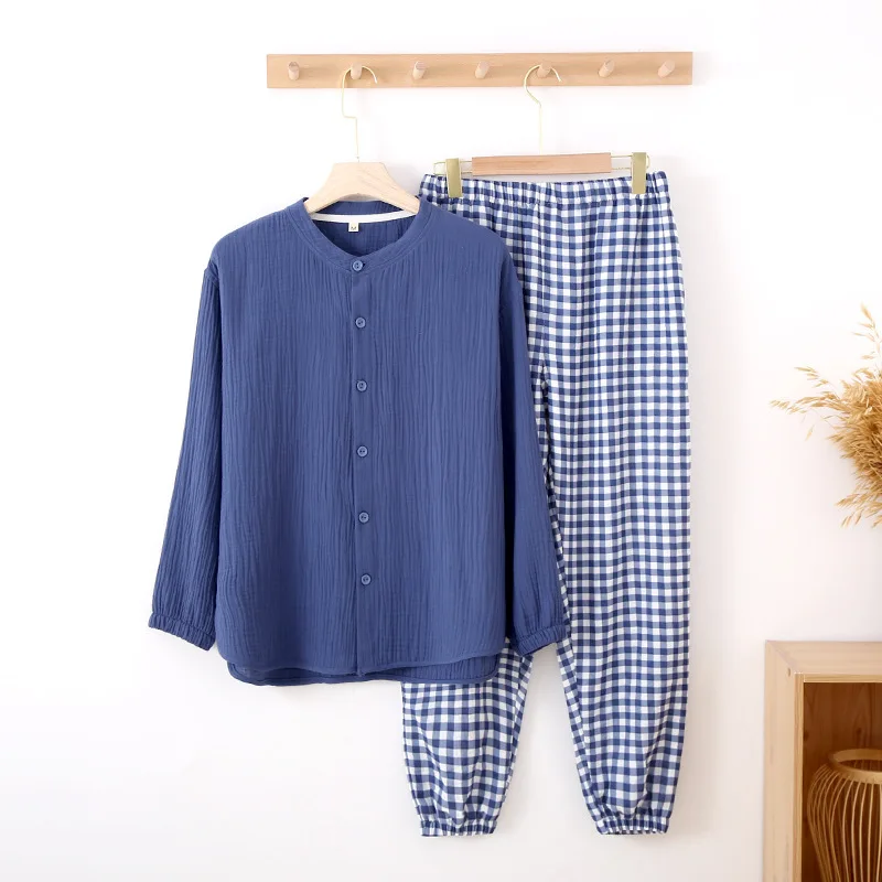 Contrasting Color Japanese Plaid Men's Homewear Set Cotton Crepe Long-Sleeved Double-Layer Gauze Spring Summer Thin Pajamas