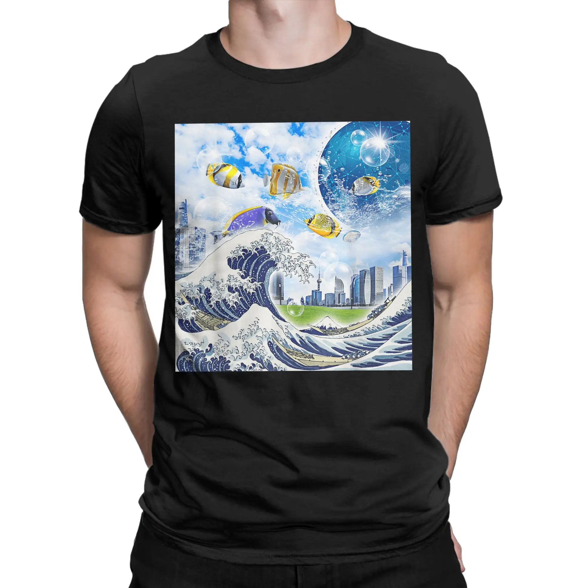 Frutiger ايرو الجمالية التكنولوجيا موجة كبيرة من كاناغاوا الأسماك تي شيرت الرجال س الرقبة القطن تي شيرت قصيرة الأكمام تي شيرت الملابس #2