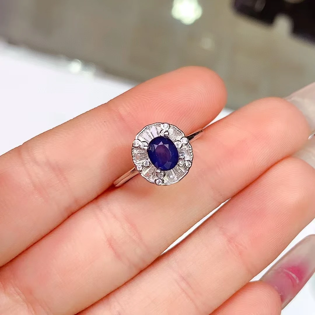 

Fine Jewelry S925 Silver Exquisite Inlaid Pure Natural Sapphire OL Style Women's Ring Super High Clarity Gems Support Testing