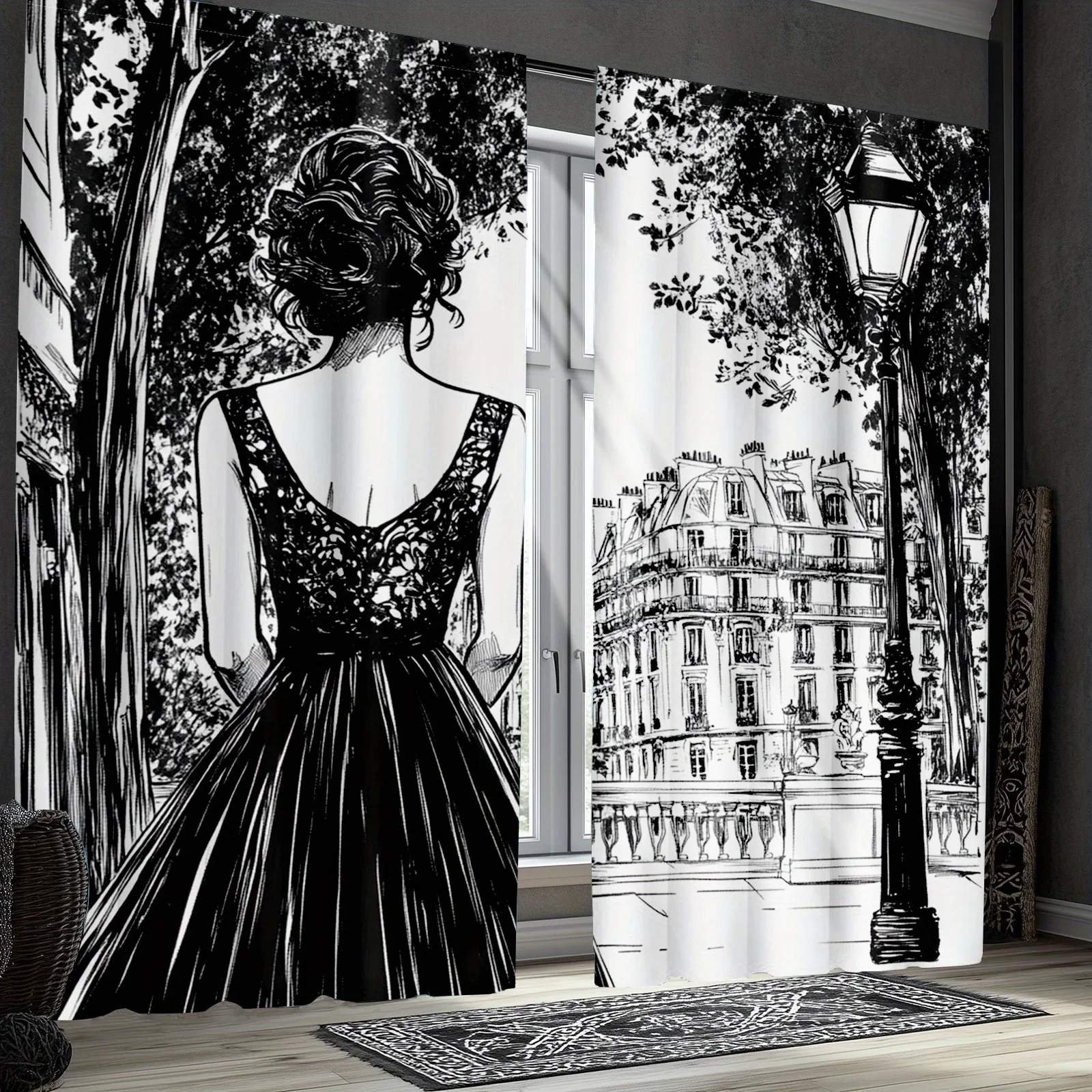 Black and White Parisian Street Art Curtain Living Room Home Decor Abstract Fashion Window Curtain