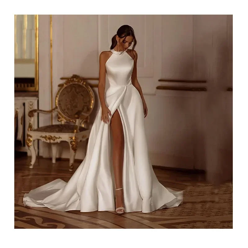 High Quality Elegant Side Slit Boho Beach Bridal Grown Halter Big Bow Satin Wedding Dresses