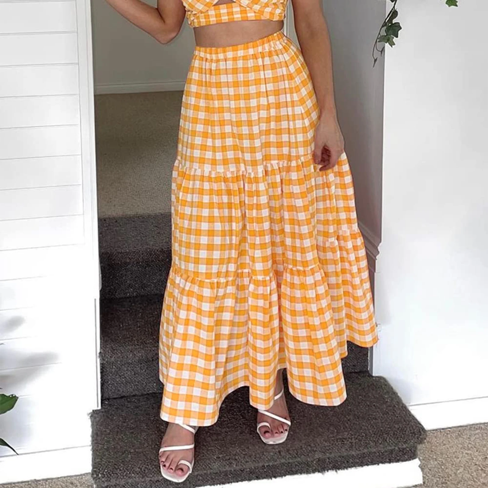 Women's Summer Casual High Waist A-line Skirt Solid Color/Plaid Print Ruffle Long Skirt for Travel Beach Holiday Sundress