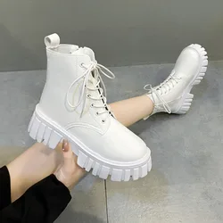 Chunky Platform White Ankle Boots Women Autumn Winter Pu Leather  Booties Mujer Punk Thick Bottom Motorcycle Boots size 35-42