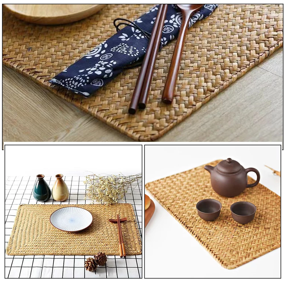 

Rustic Woven Placemat Tea Cup Pad Decorative Rectangular Tableware Anti-Slip Cutlery Cushion Farmhouse Dining Table Ornament