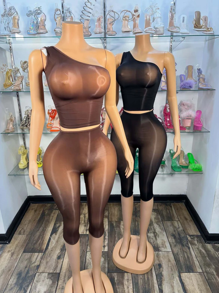 JENYAGE Women Sexy One Shoulder Glossy Sheer Mesh 2 Piece Set Through Ruched Crop Top High Waist Capri Pants Club Party Outfit