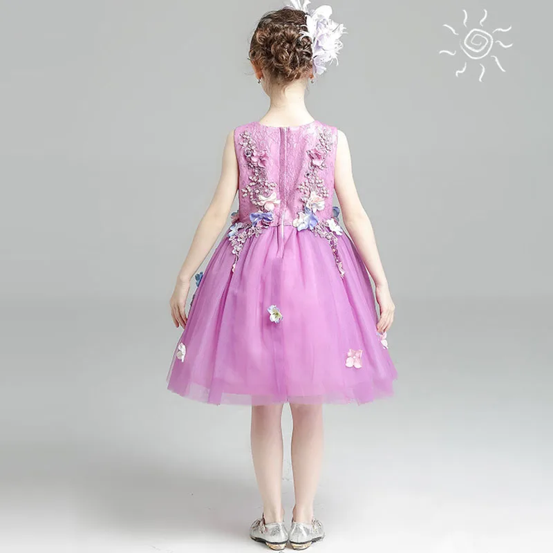 Flower Fairy Girl Dress Children'S Walk Dress Decal Princess Dress Wedding Bridesmaid Purple Pompous Skirt 2022 New Summer