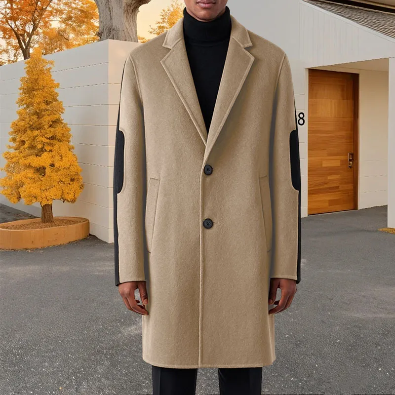 

Men's wool blend windbreaker tailored Single breasted sleeve patchwork men's mid length coat business casual windproof male coat