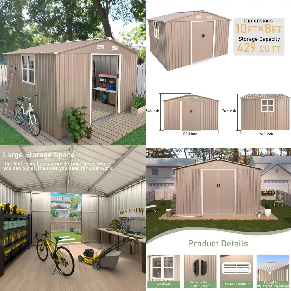 سقيفة تخزين خارجية 10 × 8 أقدام مع نافذة، سقيفة أدوات معدنية كبيرة مع باب قابل للقفل وسقف منحدر مقاوم للمطر، سقيفة حديقة للظهر