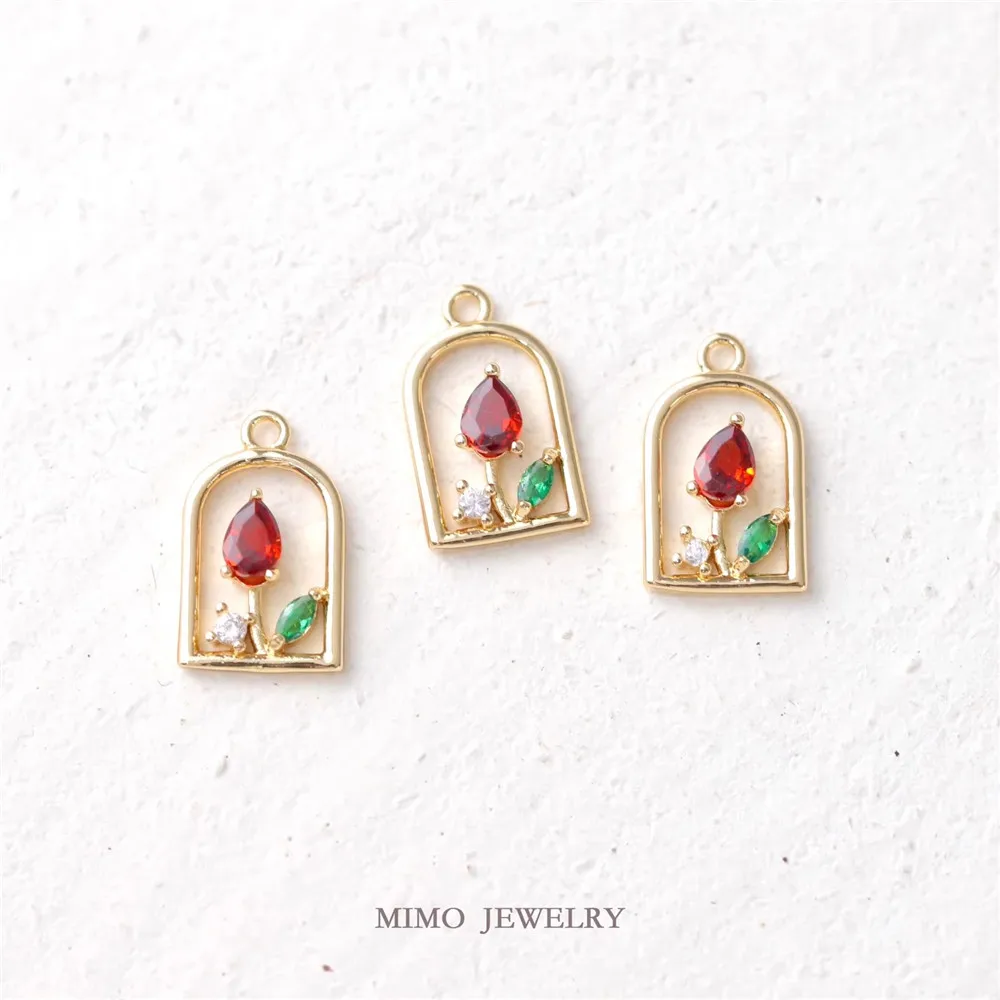 

1PCS 13x8.3mm Copper Plated with Real Gold, Slightly Inlaid Zircon Window, Tulip Flower, Artistic and Fresh DIY Pendant