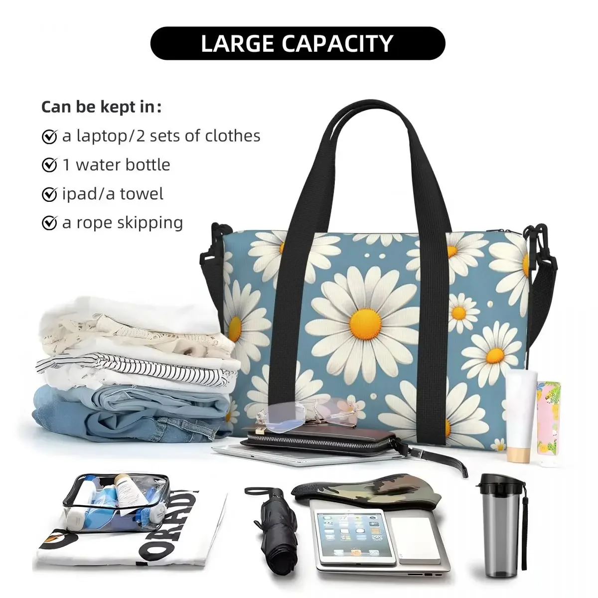 Daisy Floral  Beach Travel Bag Large Capacity Tote Bags for Gym Sport Women Shopping Duffle Shoulder Bag