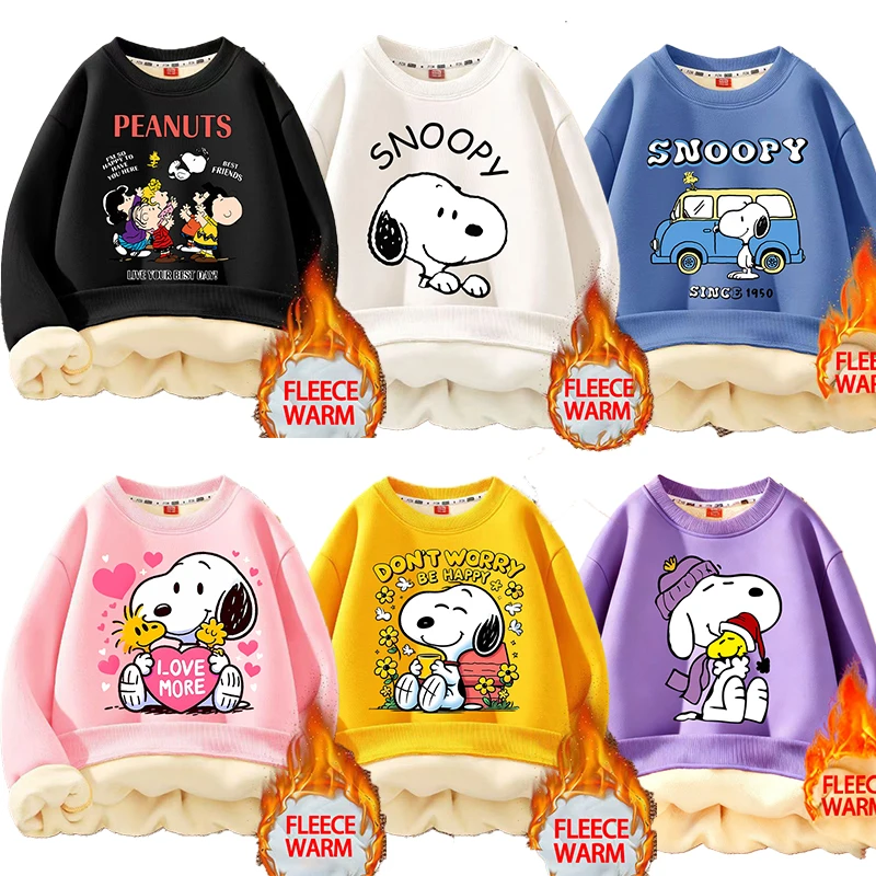 

Snoopys Fleece Hoodie Cartoon Boy Girl Round-neck Casual Sweatshirt Winter Keep Warm Tops Children Clothing Pullovers Xmas Gifts