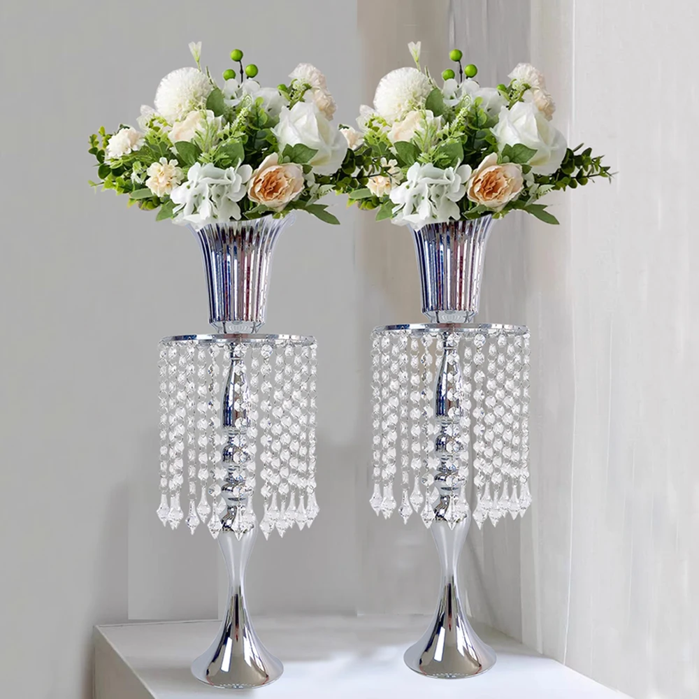 

2 Pcs 21inch Tall Silver Crystal Wedding Centerpieces Flower Vases for Party Tables Decorations