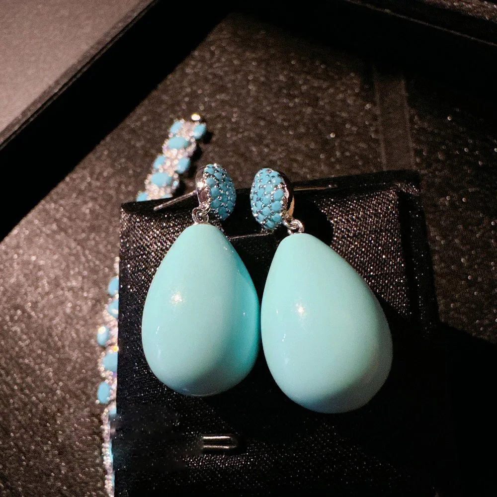 Women Turquoise Geometric Arrangement Bracelet Vintage Drop Earrings 2024