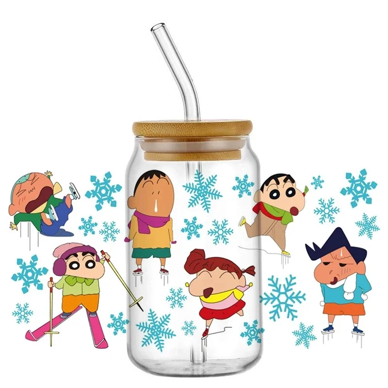 Cute Funny Crayon Shin-chan Character UV DTF 3D Transfer Decals, Cartoon Cup Wrap Stickers for 16oz Libbey Glass Can DIY
