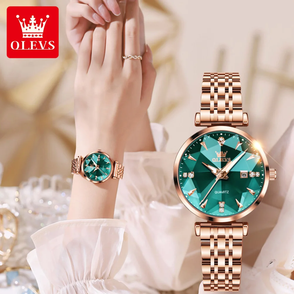 OLEVS Fashion Rhombus Mirror Green Quartz Womens Watches Top Brand Luxury Stainless Steel Waterproof Luminous Date Watch Women