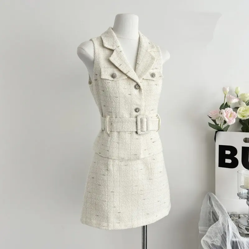 High Quality Small Fragrance Tweed Two Piece Set Women Korean OL Vest Crop Top + Skirt Suits Elegant Fashion 2 Piece Outfits