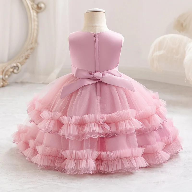 Toddler Baby Girl Gown Flower Lace Layers Dress for Girls Tutu Fluffy First Birthday Party Wedding Graduation Kids Clothes 0-3Y