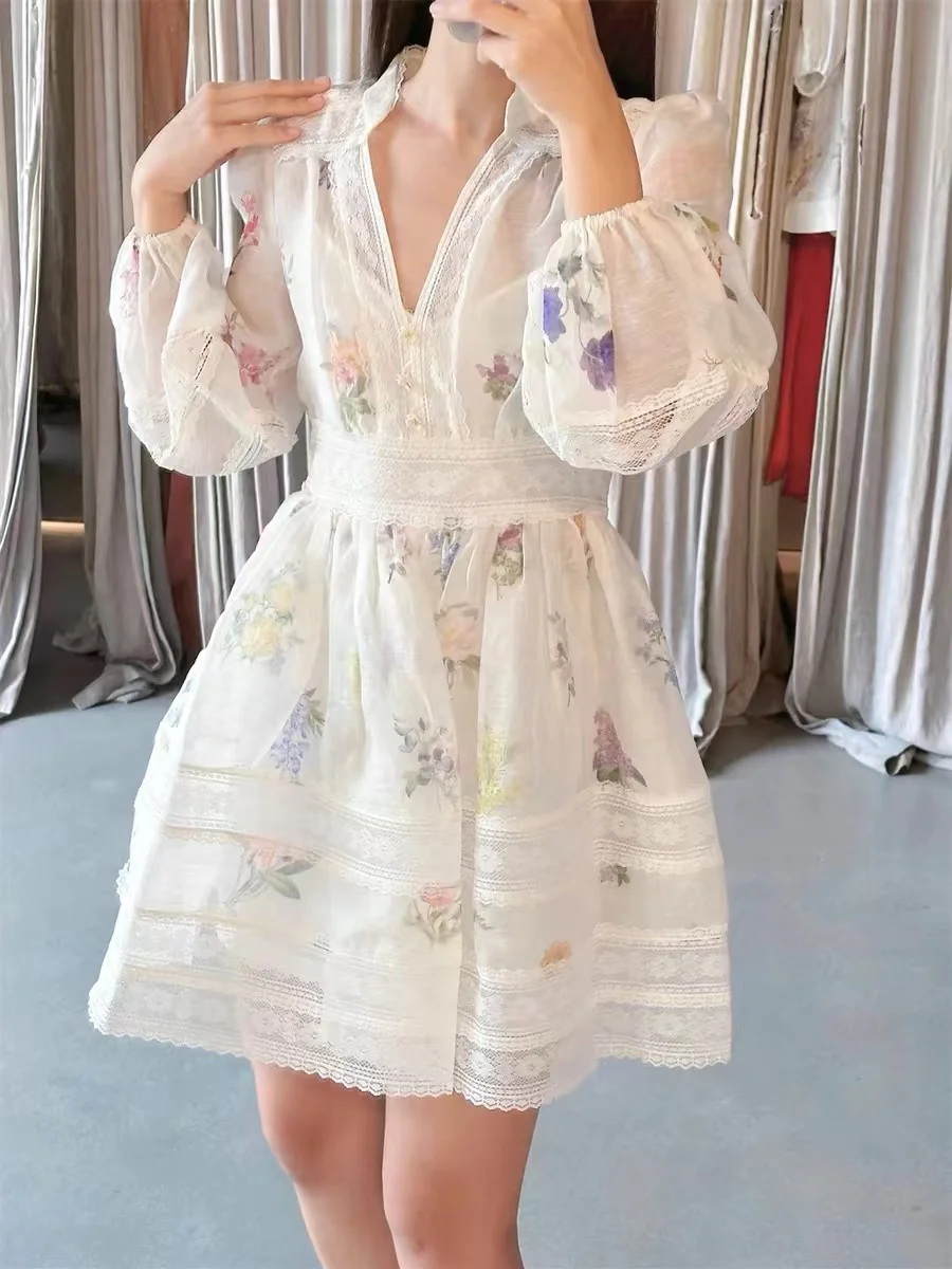 Light luxury high-end fairy like silk linen lace patchwork print V-neck lantern sleeves sweet vacation dress