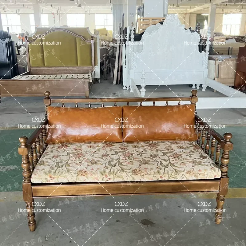 American Solid Wood Sofa Double Three Seater Retro Simple Classic Casual Living Room Furniture Couch Chair Bench