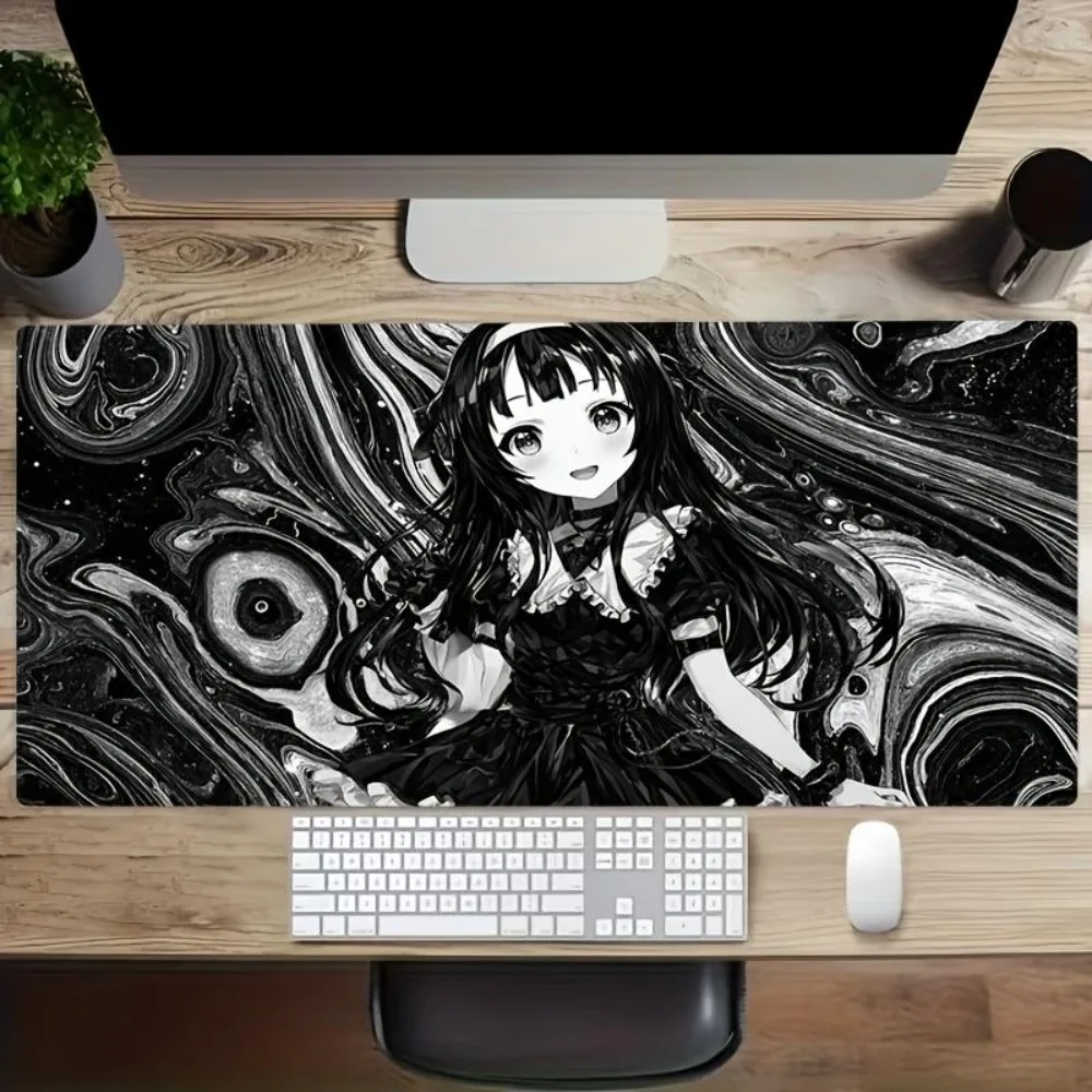 Tapis de souris pour fille anime noir et blanc, avec texture lisse et fond rêveur, accessoires de bureau